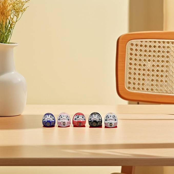 5pcs Japanese Ceramic Lucky Dolls Miniature Figurines Small Dashboard Statues for Car and Home Decoration 4.7cm Sculptures Asian Collectible Ornaments