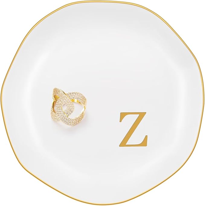 Ceramic Jewelry Tray, Personalized Initial Ring Dish, Elegant Trinket Tray for Rings Earrings Bracelet Necklaces, White Decorative Jewelry Holder for Women Vanity, 4.5 Inch, Letter Z