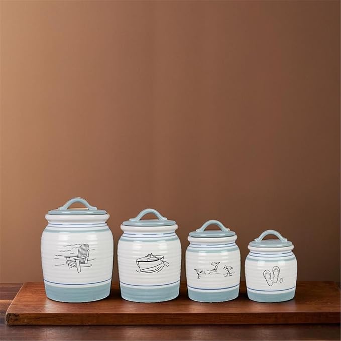 Young's Inc Ceramic Lake Cabin Canister Set with Coastal Lodge & Woodland Designs| Decorative Kitchen Storage Jars for Sugar,Coffee,Flour & Snacks–Rustic Farmhouse Lakehouse Countertop Decor with Lids