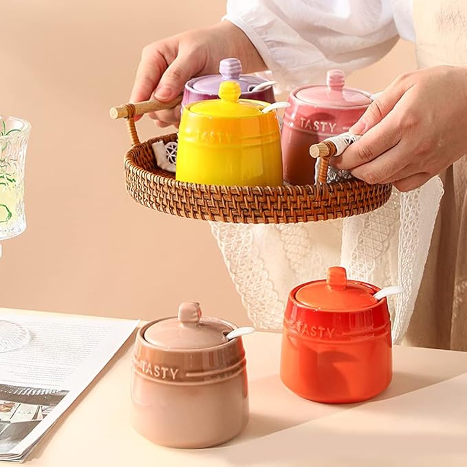 Colourful Ceramic Spice Jar Seasoning Box Condiment Pot Sugar Bowl with Lid Spoon-Yellow
