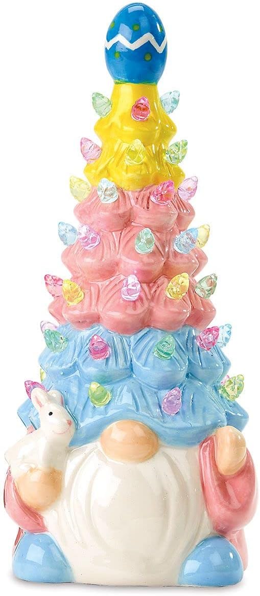 Current Easter Gnome Light-Up Figurine -10" Tall Ceramic Gnome Tree with LED Pastel Lights, Spring Holiday Table Top Décor with Bunny & Egg Accents