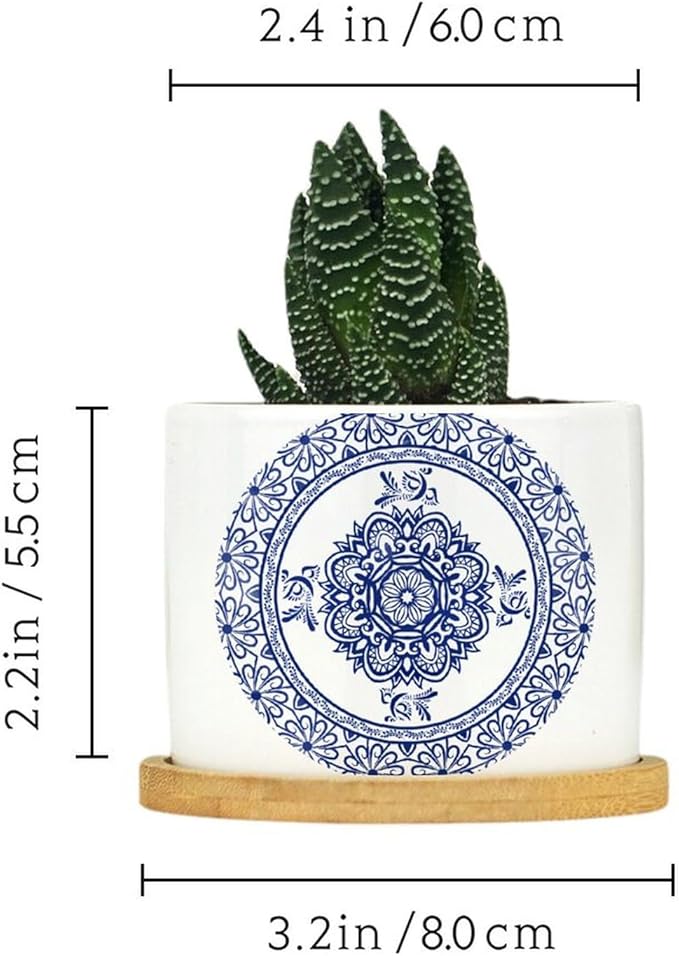 Planters Ceramic Chinese Style Blue And White Porcelain Print Ceramic Pots with Drainage Holes Round Flowerpot Bamboo Tray Plant Pots for Succuelnt And Little Snake Plants Pots for Nana Grandma