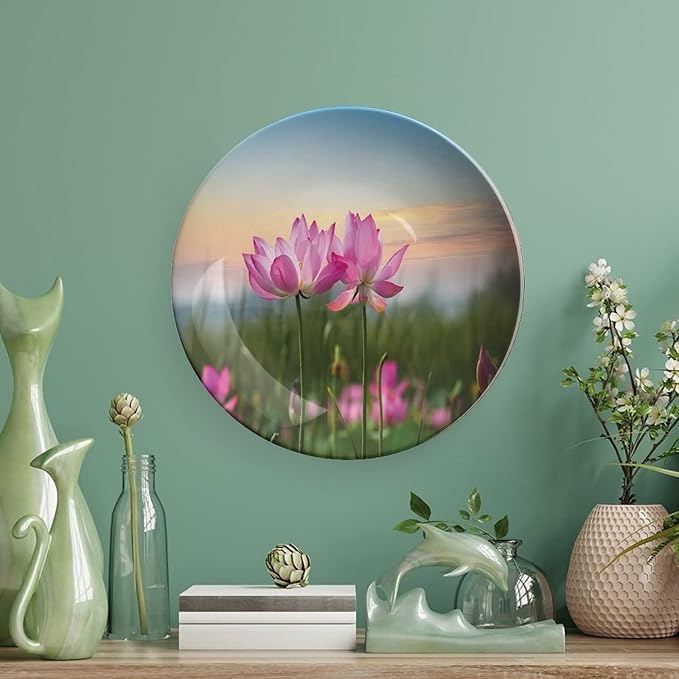XISUNYA 8 Inch Decorative Plate, Lotus Porcelain Plate, Beautiful Asian Flower Blooming in Spring Meadow Print Ornament Display Plate Handmade Plate Wedding Gifts, Light Pink Green Light Blue