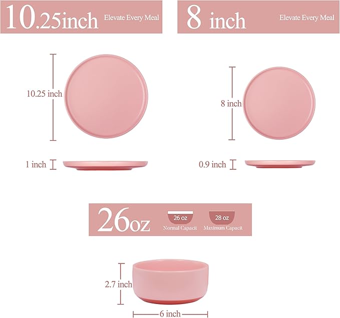 12 Piece Dinnerware Set, Dual Glaze Stoneware Plates and Bowls Sets, Modern Dinner Plate, Salad Plate, Cereal Bowl, Dish Set for 4, Microwave and Dishwasher Safe, Pink