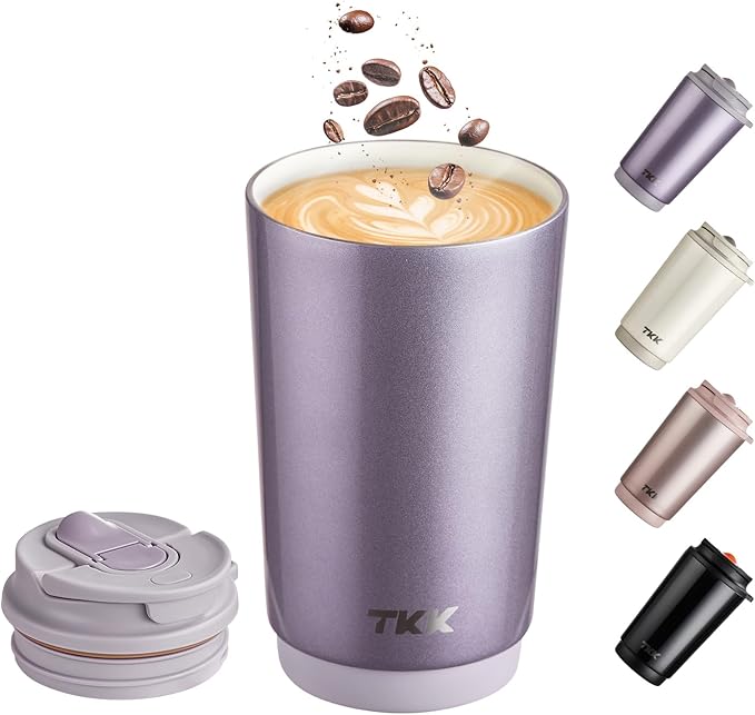 TKK Coffee Cup with Ceramic Coating - 14oz Insulated Stainless Steel Travel Mug, Leak-Proof Tumblers with Straw for Hot/Cold Beverages, Easy Wide Mouth Cleaning, Purple