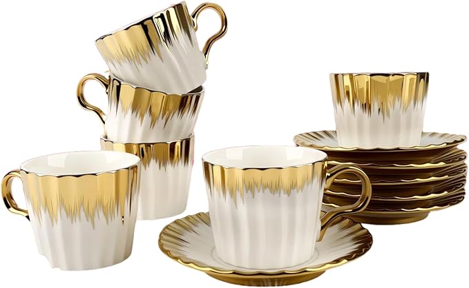 3.2oz Ceramic British Coffee Cup Set of 6, Italian Turkish Cappuccino Cups Porcelain Espresso Cups and Saucers with Gold Trim for Double Espresso Cappuccino Latte Mocha Tea
