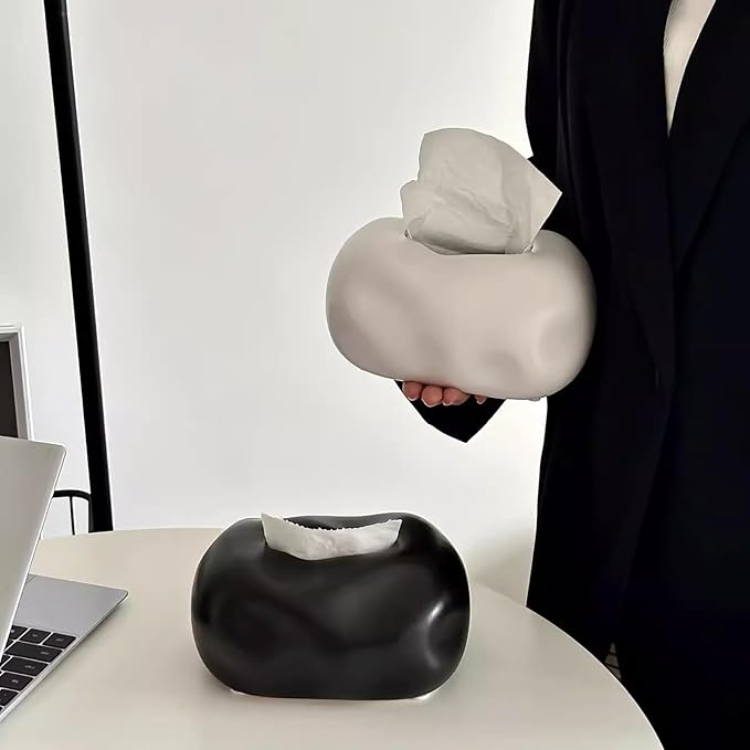 Decorative Ceramic Tissue Box Cover Modern Sculptural Design Creative Tissue Holder Smooth Finish for Home Office Bathroom (Black)