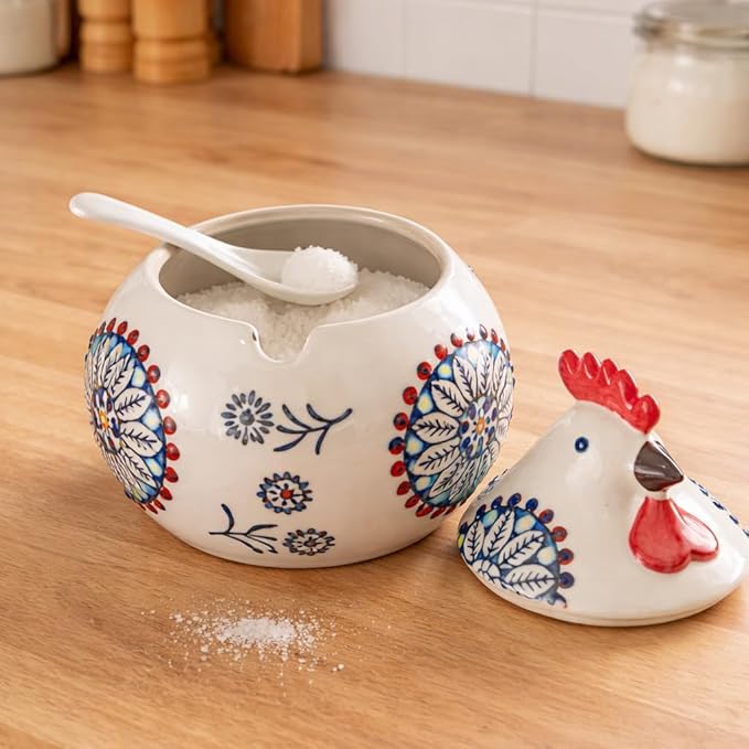 13oz ceramic lidded spice jar with a small spoon. Features a cute country rooster design, perfect for kitchen countertop decor. Suitable for storing salt, spices, coffee, candy, and sugar.