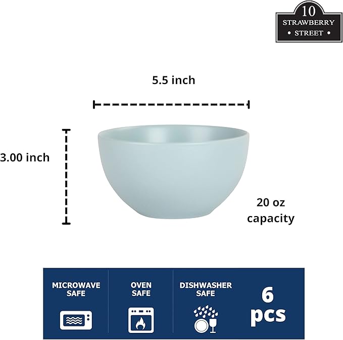 10 Strawberry Street Wazee Matte 5.5"/16oz Cereal Bowl, Set of 6, Mineral Blue