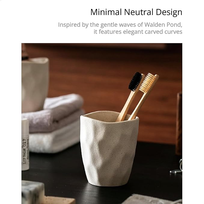 Speckled Beige Rough Ceramic Toothbrush Holder, 4 Inch Matte Undulating Pottery Bathroom Tumbler for Toothbrushes Toothpaste Razors, Countertop Organizer, Pen Holder Desktop Organizer