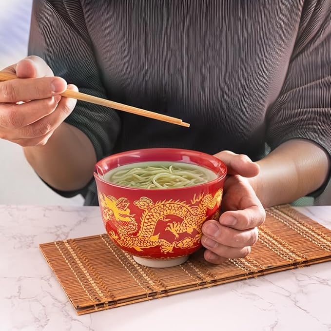 Urban Tokyo Handpainted Ceramic Glazed Japanese Ramen Udon Noodle Rice Bowl With Chopsticks 20 fl oz 5 inch Diameter Bowl Sets Color Box Packaging (Oriental Dragon Red)