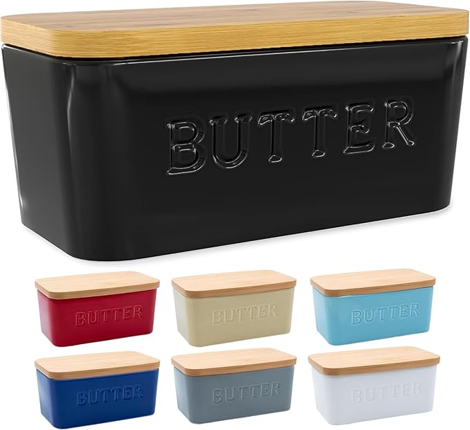 PriorityChef Extra Large Butter Dish with Lid for Countertop, Ceramic Butter Container With Airtight Cover, Butter Keeper for Counter or Fridge, Black Butter Holder Storage