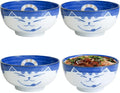 JapanBargain 2471, Set of 4 Japanese Porcelain Bowls Serving Miso Soup Pho Ramen Udon Donburi and Salad, Maneki Neko Smiling Cat Pattern, 18 fl.oz. 5-inch, Blue Color, Made in Japan