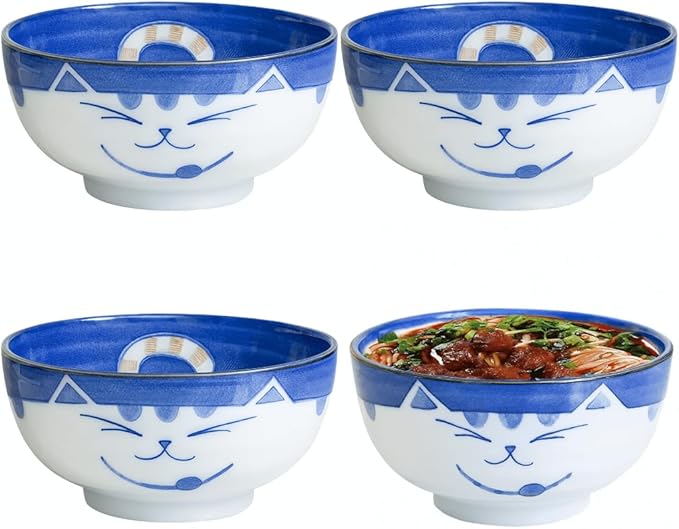JapanBargain 2471, Set of 4 Japanese Porcelain Bowls Serving Miso Soup Pho Ramen Udon Donburi and Salad, Maneki Neko Smiling Cat Pattern, 18 fl.oz. 5-inch, Blue Color, Made in Japan