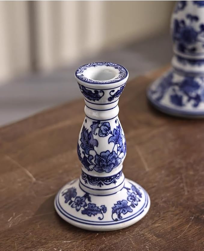 Blue and White Porcelain Ceramic House Candle Holder Chinese Traditonal Style Simple Home Candlestick Decoration Incense Stick (l)