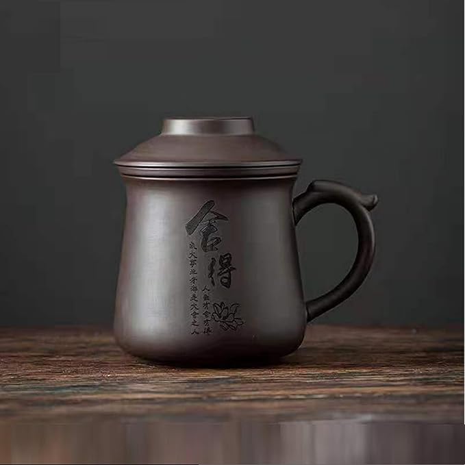 Chinese ZiSha Tea Cup, Cup Filter Integrated, Purple Sand Tea Set, Suitable for Home, Office, as Father's Day, Birthday, Christmas Gift（12.5oz） (Black)