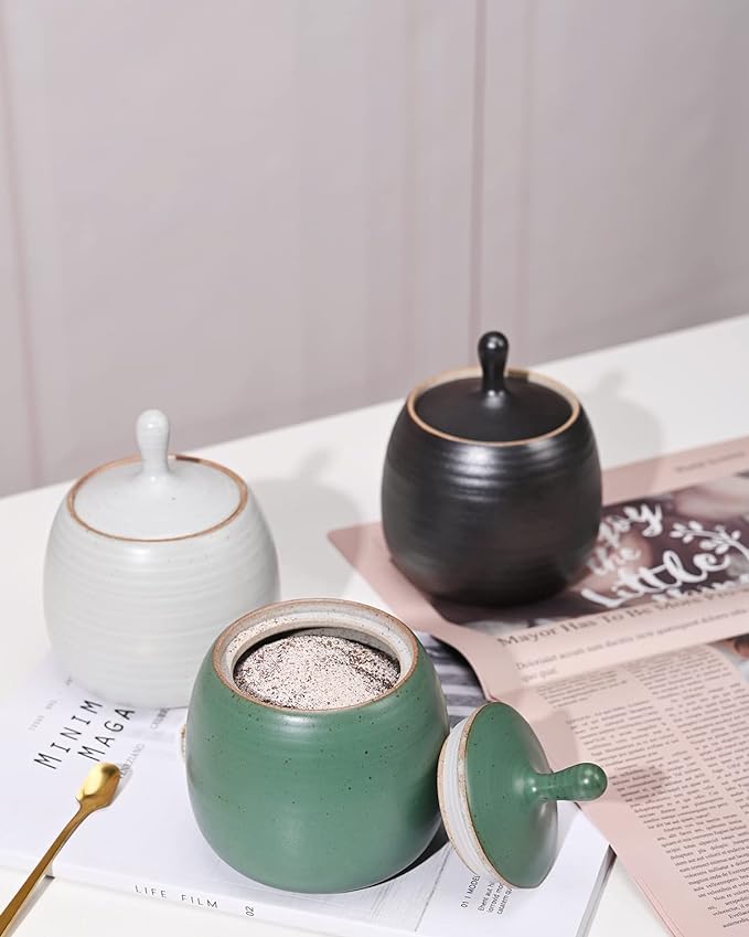 Retro Kitchen Canisters Ceramic Food Storage Jar Roud Shape with Silicone Airtight Lid for Tea, Coffee, Nuts, Herb, Spice, Sugar (Black)