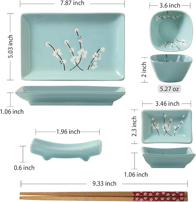 10 pcs Japanese Sushi Plate Sets Serving Platters and Trays for Entertaining Sushi Dishes Set Plates Sushi Plates Traditional Cuisine Dinnerware Sets with Chopsticks Blue Plum