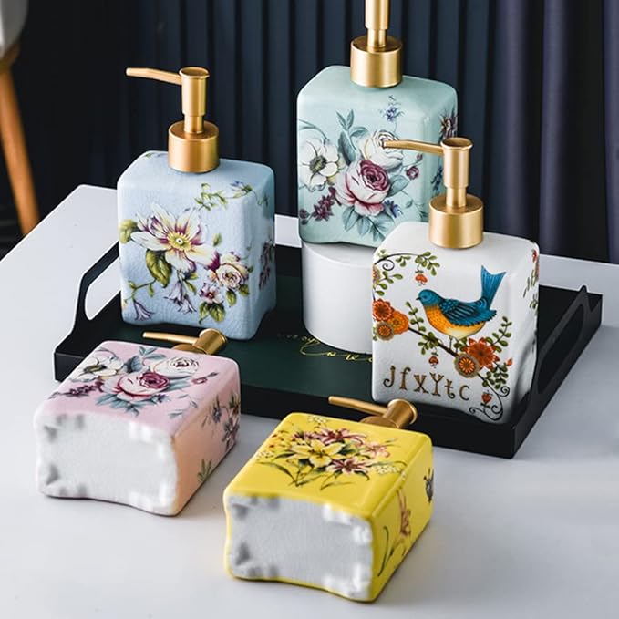 WAYUTO 12 Oz Vintage Soap Dispenser Ice Crack Ceramic Liquid Soap Dispenser Lotion Pump Bottle for Kitchen Countertop Bathroom Decorative Antique Floral Porcelain Hand Soap Dispenser Blue Rose