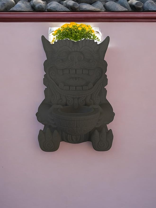Wall Planter – Chinese Foo Lion Guardian Flower Pot, Hanging Dragon Dog Planter for Indoor & Outdoor Garden Decor, Unique Wall Art for Plants & Succulents (Black, Regular 5.8" Height)