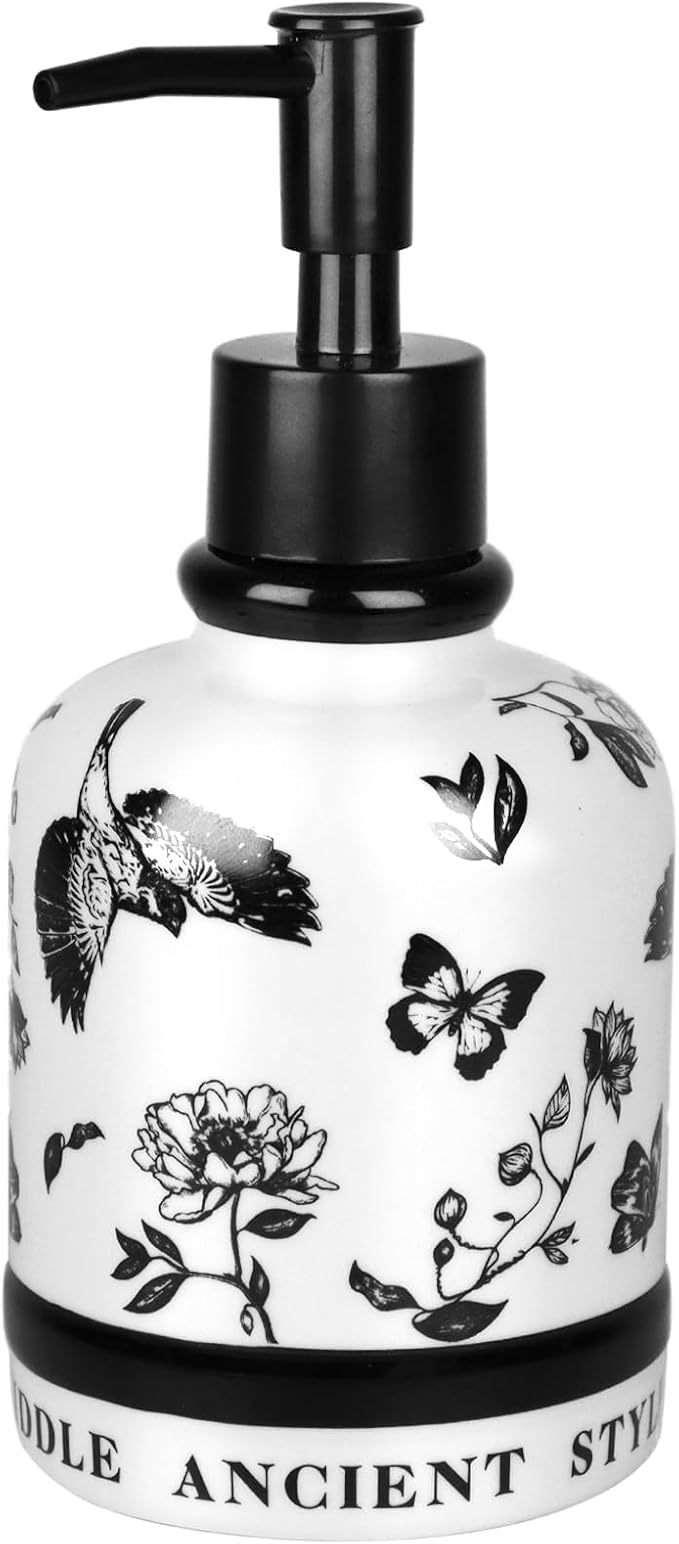 Vintage Ceramic Soap Dispenser, 14.2oz Mid-Century Modern with Flower and Bird Patterns - Refillable Lotion Bottle for Bathroom, Hand Soap Dispenser for Hotel