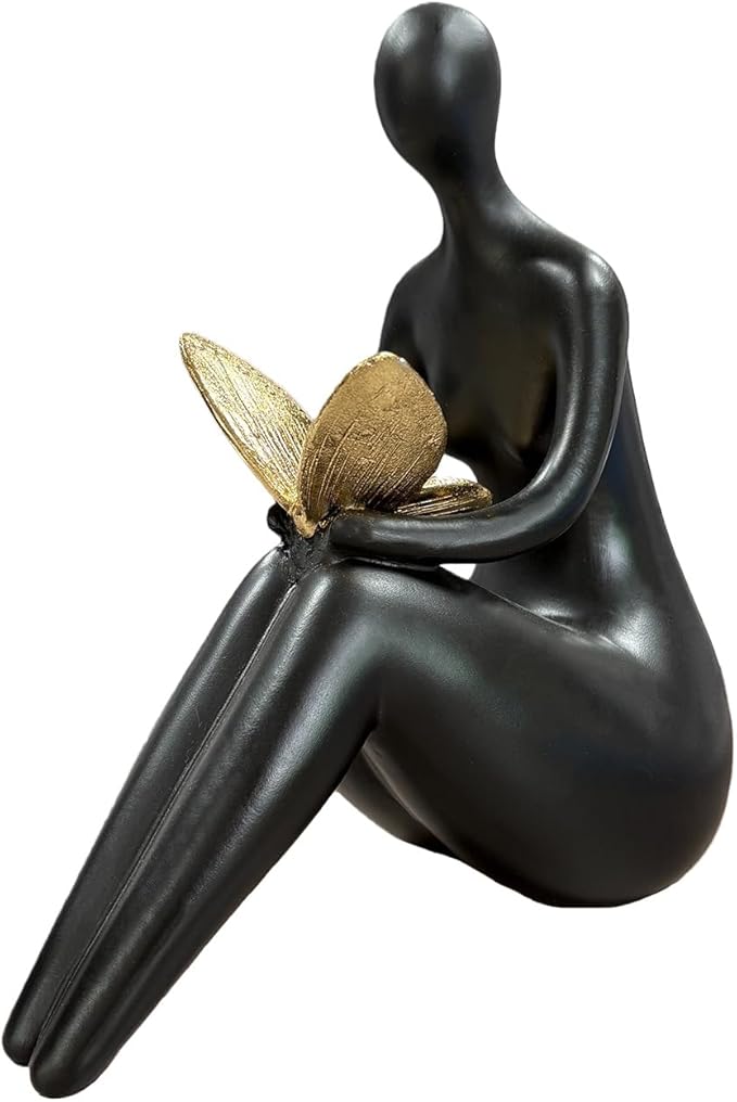 Black Abstract Sitting Figurine with Gold Butterfly – Modern Resin Sculpture for Shelf, Desk, Living Room & Office Decor, Minimalist Shelf Sitter Statue for Home Decoration