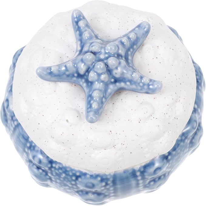 Yardwe Marine Style Jewelry Box, Blue Ceramic Trinket Dish with Lid for Nautical Room Decor Aesthetic Multifunctional Items Storage Container for Vanity Table Bedroom and Bathroom, 4.13X4.13X2.95Inch