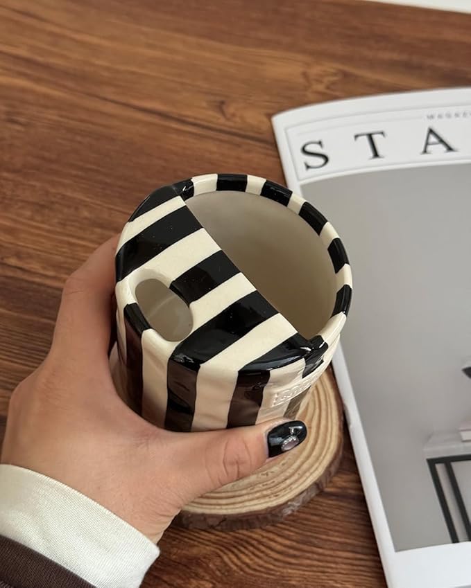 Coffee Mug Espresso Cup 10oz Ceramic Coffee Mugs Porcelain Coffee Cup Hand-Painted Striped Art Multiple Use for Kitchen, Dining-Black