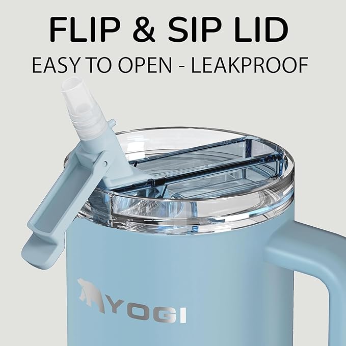 YOGI Ceramic Lined Metal Allergy Safe 24oz Tumbler with Handle and Straw Leakproof Flip & Sip Lid Vacuum Insulated Stainless Steel Travel Cup for Iced Coffee Water and All-Day Hydration 24oz Cielo