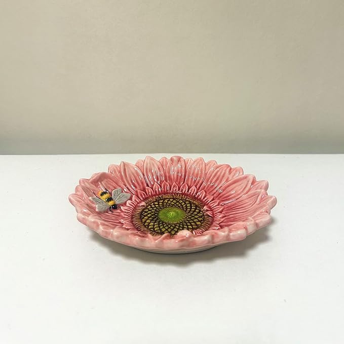 Ceramic Sunflower Bathroom Accessories Set, 4 Piece Bathroom Ensemble Set with Toothbrush Holder, Toothbrush Cup, Soap Dispenser, Soap Dish (Pink)