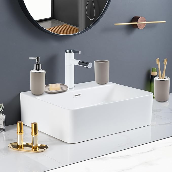 Bathroom Accessory Set, 4 pcs Shatter-Resistant Resin Bathroom Accessories Set Include Lotion Soap Dispenser Toothbrush Holder Soap Dish Modern Bathroom Decor, Gift for Home (Beige 4pcs)