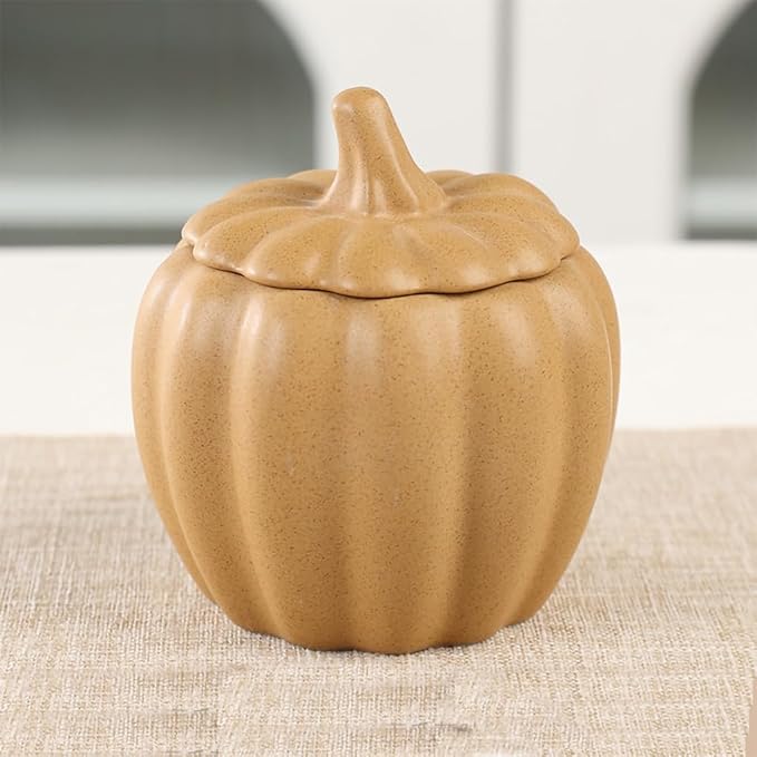 WAIT FLY Pumpkin Shape Airtight Ceramic Canister Tea Canister Tea Storage Food Storage Jar for Tea, Coffee, Spices, Sugar, Cookies, Pickle, Cereals-Yellow-7 OZ