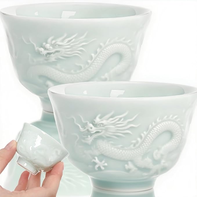 2Pcs Ceramic Tea Cup, 1.5 Oz Handmade Chinese Teacup, Mini Japanese Sake Cups, No Handle Asian Embossed Double Dragon Cup for Kungfu Style Tea Ceremony, Hot Tea, Matcha, Dishwasher Safe