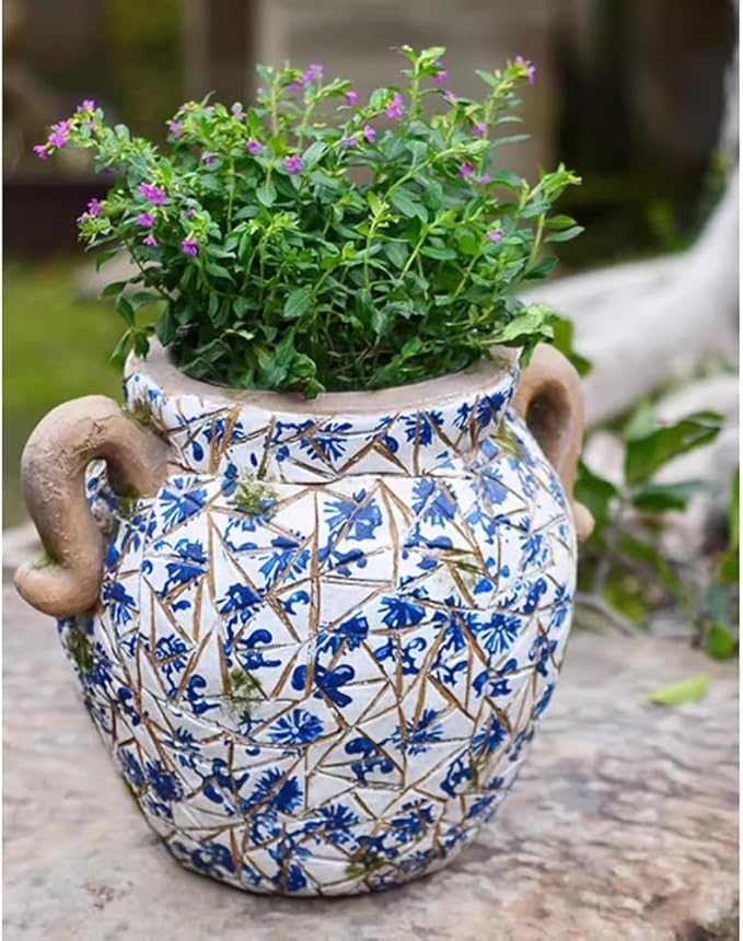 GZHERVICES Magnesium Oxide Sculpture Planter, Hand Painted Imitation Blue & White Floral Porcelain Ceramic Decorative Flowerpot, with Drainage Hole, Garden Pots Chinese Asian Design