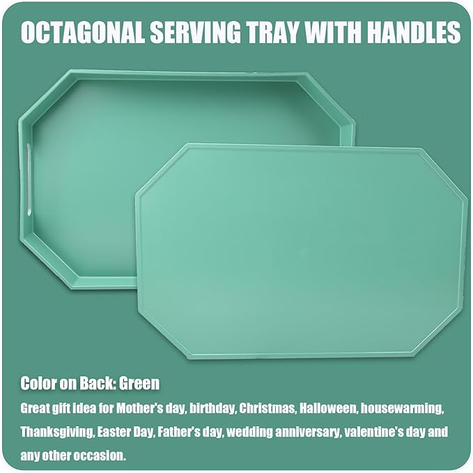 Green Octagonal Serving Tray with Handles for Coffee Table, Plastic Decorative Tray for Ottoman, Kitchen Counter, Living Room, Outdoor Lacquer for Entertaining