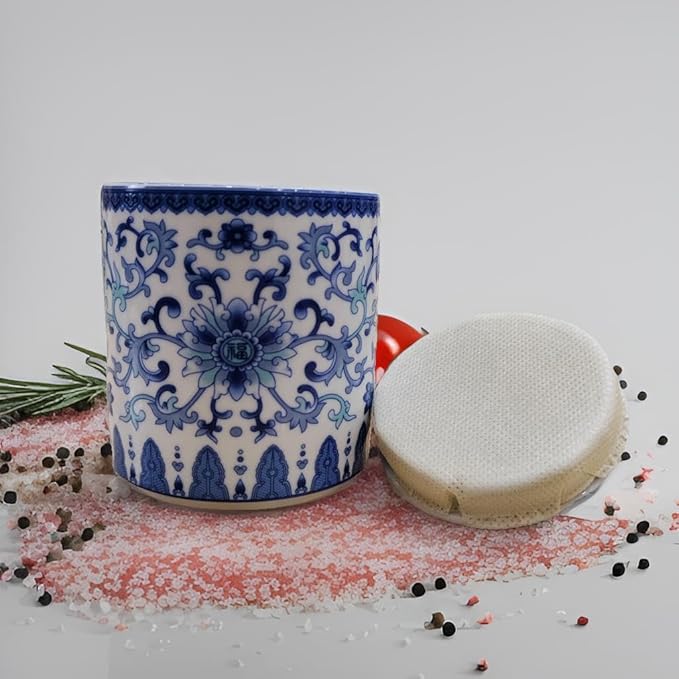 Small Vintage Blue and White Porcelain Salt Cellar with Lid Ceramic Salt Holder Container for Countertop, Airtight Spice Jar, Kitchen Storage Dish