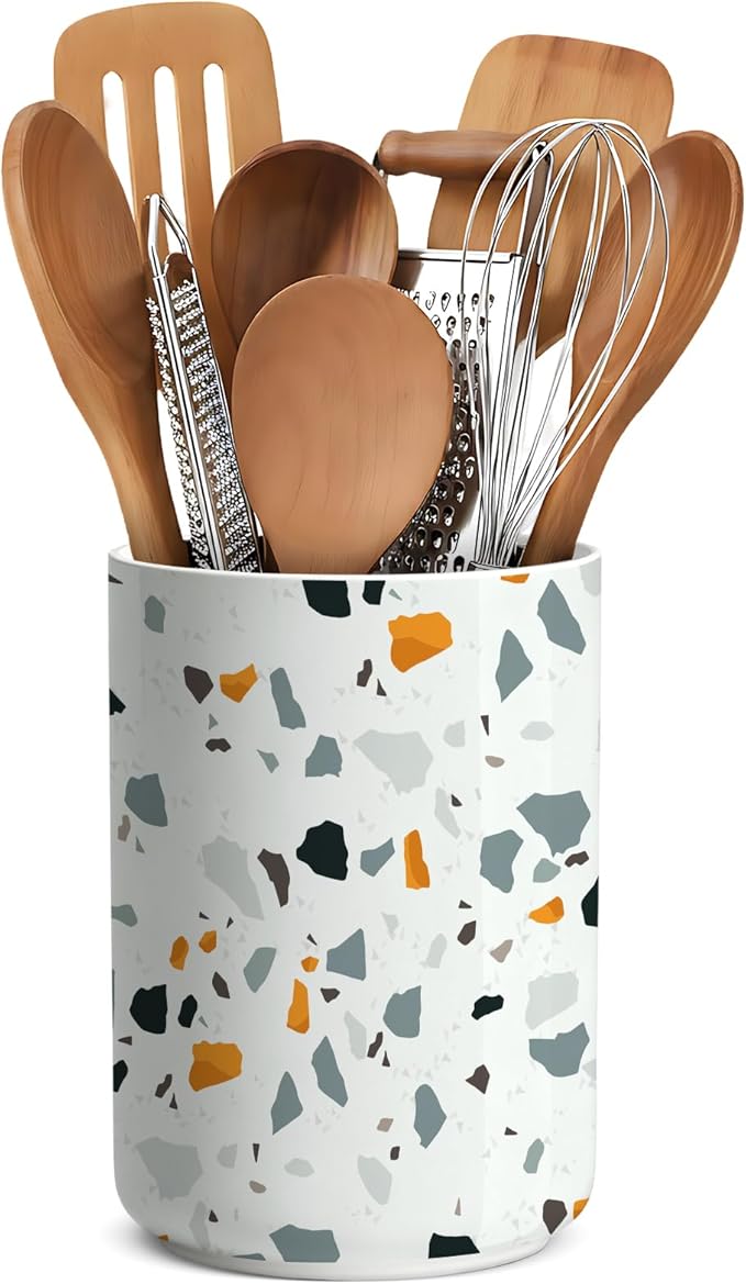 kitchen utensil holder,Extra Large Stable Terrazzo Marble Pattern Ceramic Utensil Crock,Vintage Farmhouse Kitchen Decor for Counter,for Housewarming,Wedding Gift 6.3"+4.7"(Marble Pattern)