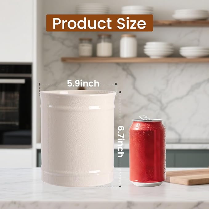 SZUAH Kitchen Utensil Holder, Larger Ceramic Utensil Crock for Kitchen Counter top & Dining Table (Cream, 5.9" x 5.9" x 6.7")