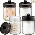 Amolliar 4Pc Apothecary Jars Bathroom Vanity Storage Organizer-Countertop Canister & Stainless Steel Lids &Cute Stickers -Qtip Dispenser Holder for Qtips,Cotton Swabs,Makeup Sponge(Oil Rubbed Bronze)
