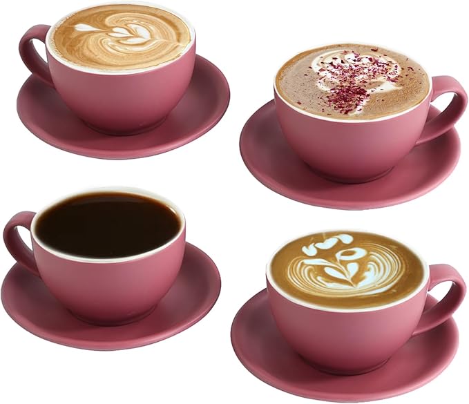 Yundu Matte Purple Cappuccino Cups Set of 4-10oz Ceramic Latte Mugs with Saucers, Elegant Espresso Cups for Coffee & Tea