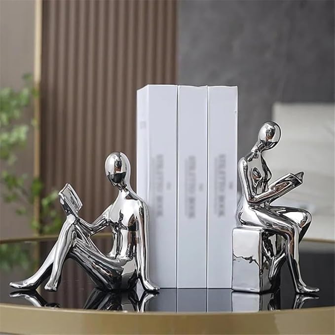 1 Set/2 Pieces Ceramic Bookends for Shelf, Desk, Study, Sculptural Decoration Book Holder (Silver)