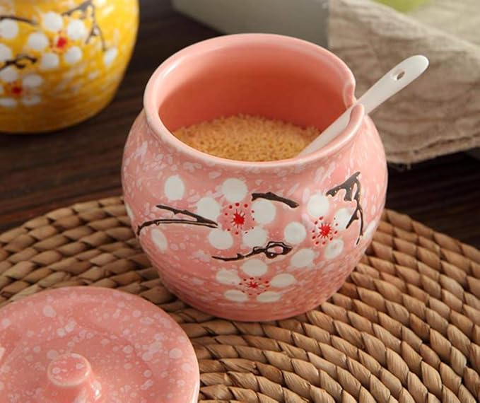 Ceramics Japanese Flower Sugar Bowl Seasoning Pot Salt Storage Jar with Lid Spoon