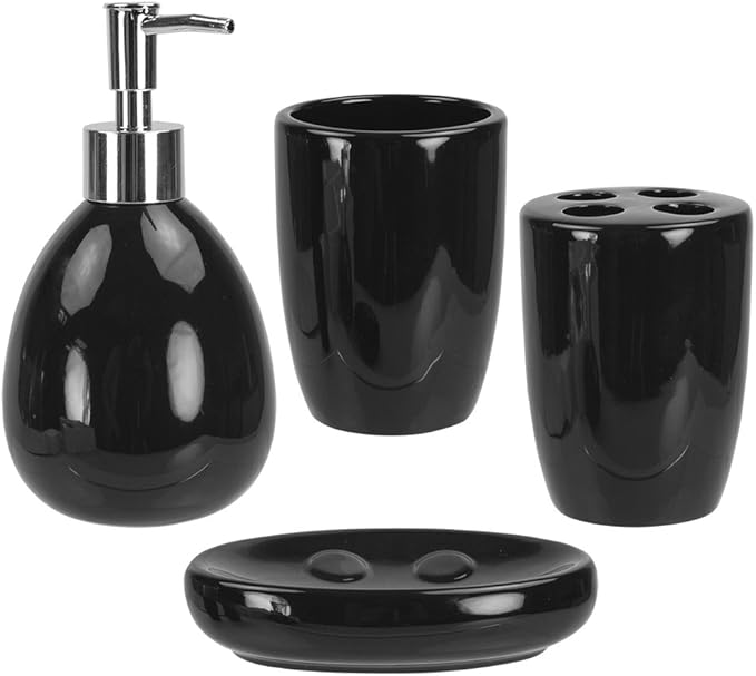 4-Piece Ceramic Bathroom Set (Black), By Home Basics | Contemporary Design Bathroom Accessory Sets | Accessories For Bathroom | Includes Soap Dish, Tumbler, Toothbrush Holder, and Lotion Dispenser