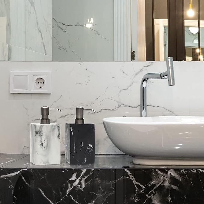 2pcs Hand Soap and Lotion Dispenser Sets for Bathroom Countertop,Black Marble Texture Resin Stone Liqiud Dish Soap Dispenser for Kitchen Sink,Refillable-15 Oz/445ml