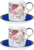 KAMMAK Tea Cups and Saucers Set of 2, Fine Bone China Coffee Cups, Stackable Espresso Mugs, Ceramic Demitasse for Coffee, Cappuccino, Latte, Americano, Tea, Blue