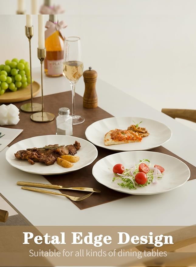 10.5 Inch Porcelain Large Dinner Plates Set of 8,White Round Petal Appetizer Salad Plates, Ceramic Dinnerware Serving Plate for Pancakes, Steak, Pasta, Pizza, Microwave, Dishwasher Safe