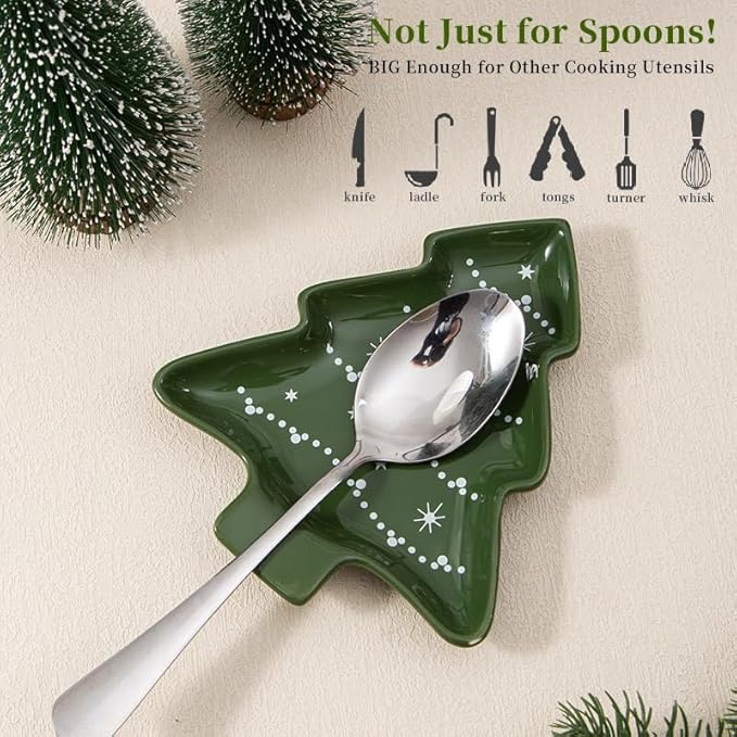 Ceramic Christmas Tree Spoon Rest for Cooking, Cute Festive Spoon Holder for Stove Top,Porcelain Christmas Dish for Kitchen Counter,Holiday Gift (Green-Ribbon)