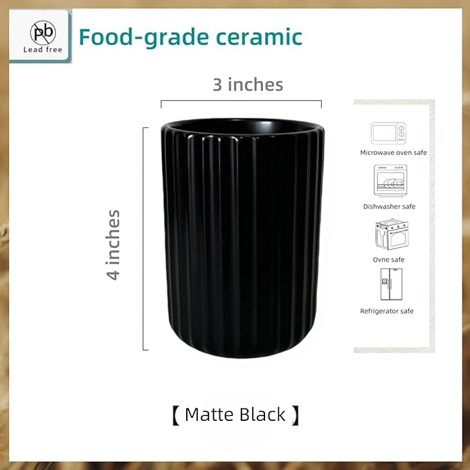 Stoneware Coffee Bar Utensil Holder Tea & Coffee Spoon & Stirrer Holder for Stir Stick Straw Teaspoon Holder Spoon Cup Small Utensil Jar Fluted Vertical Stripe (Matte Black)