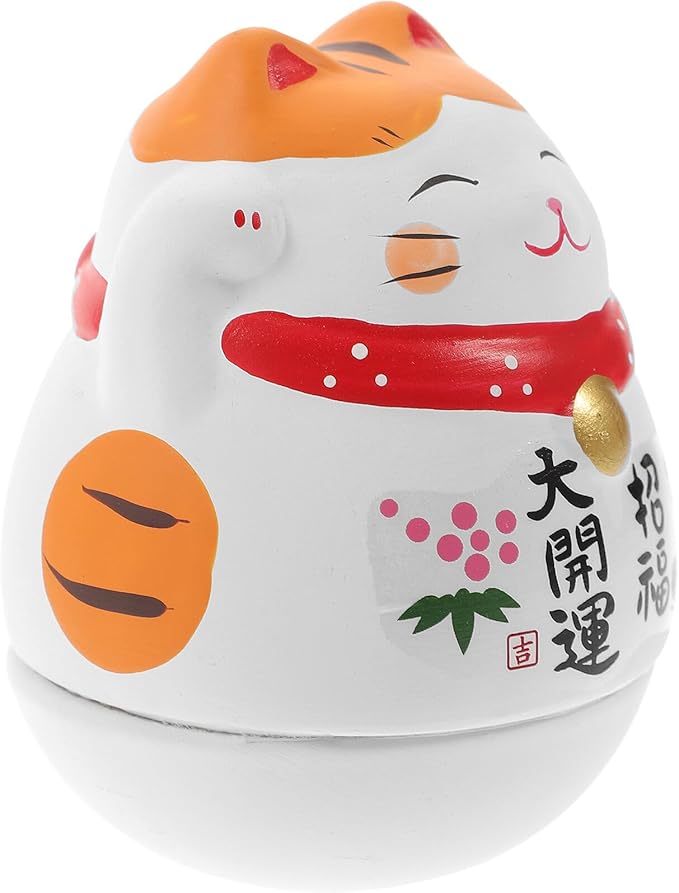 BESPORTBLE Ceramic Tumbler Cat Figurine White Lucky Cat Decoration with Orange Ears Small Desktop for Home and Office Decor