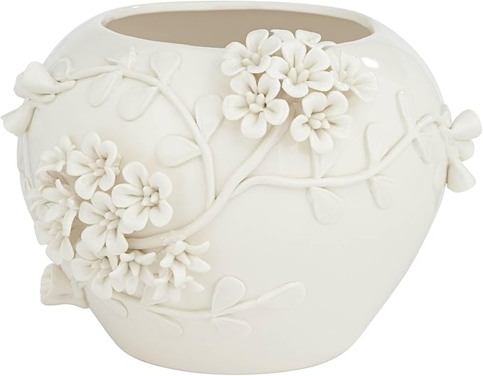 Bloomer 8 3/4" Wide White Glazed Floral Cottage Core Decorative Vase - Dahlia Studios